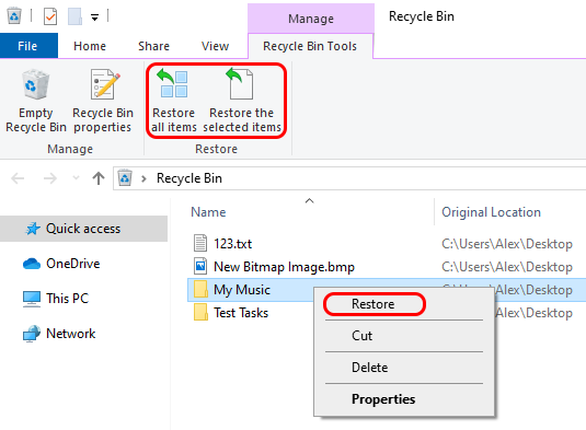 recover deleted files in windows 10 via Recycle Bin