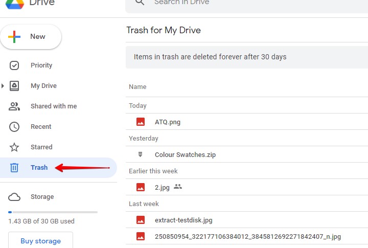 Google Drive Trash folder.